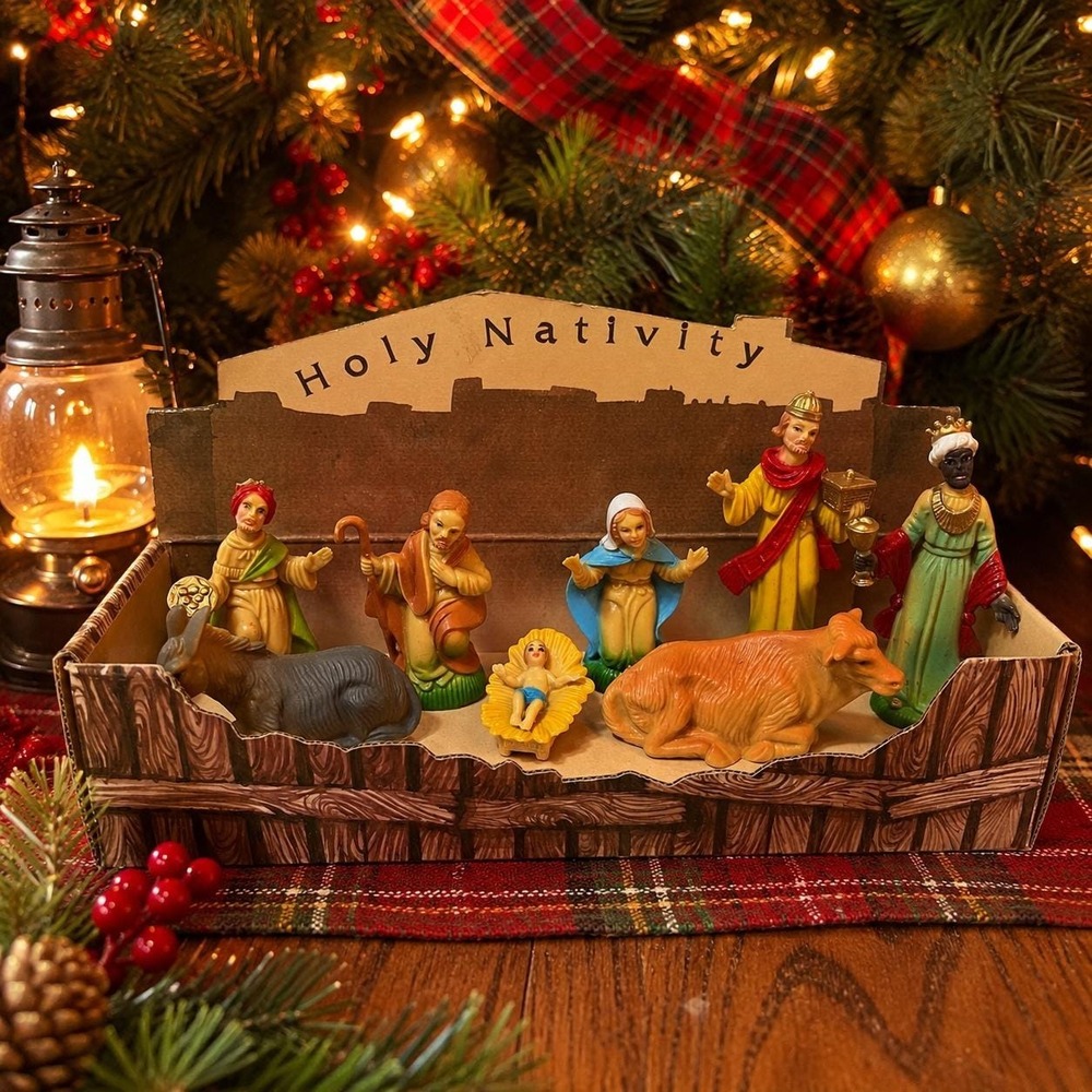 Vintage Holy Nativity Set Hong Kong Plastic Creche w Cardboard Stable 8 Piece
